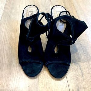 Aquazzura black velvet string tie heels.